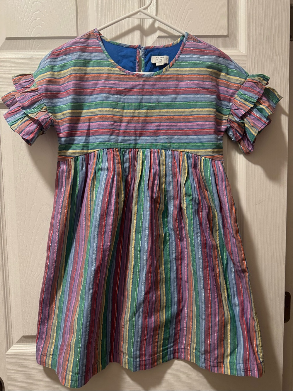 crown & ivy Girls' Rainbow Stripe Ruffle-Sleeve Dress